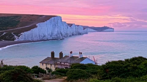 White Chalk Cliffs at Seven Sisters Coastline During Sunset Stock-Footage 341212506