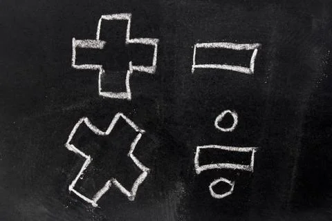 White chalk drawing in basic mathematics symbol (plus minus multiply divide)  Stock Photos
