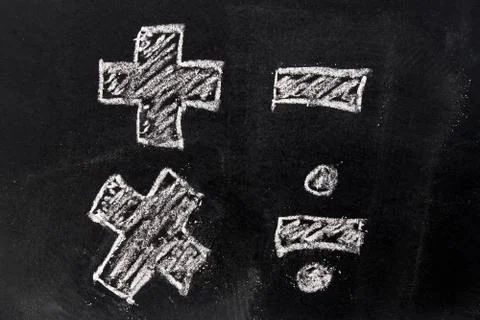 White chalk drawing in basic mathematics symbol (plus minus multiply divide)  Stock Photos