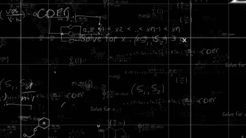 White chalk formulas and molecular diagrams moving across black grid canvas in Stock Footage 309288155