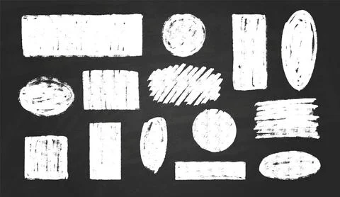 White chalk vector set of geometric shapes on black background, scribble round Stock Illustration