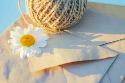 White chamomile on a kraft envelope, send or receive a message, greeting card 写真素材