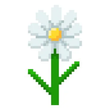 White chamomile with leaves pixel art, vector retro 8 bit beautiful flower Stock Illustration