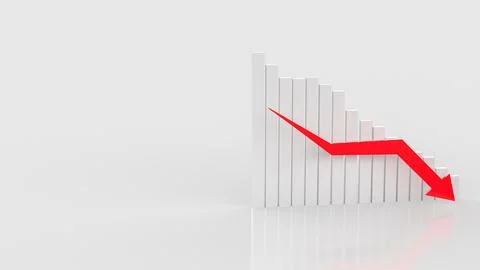 The white chart and red arrow down for Business concept 3d rendering. 库存照片