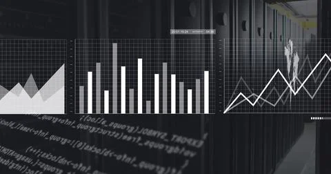 White charts, graphs and processing data over dark computer server room Stock Photos