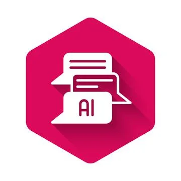 White Chat bot icon isolated with long shadow background. Chatbot icon. Pink Stock Illustration