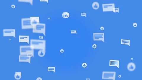 White chat bubbles and thumbs up like icons floating on a bright blue social 動画素材 344556879