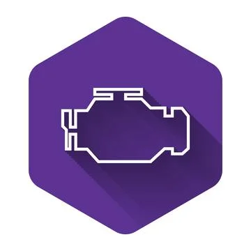 White Check engine icon isolated with long shadow. Purple hexagon button. Vector Stock Illustration