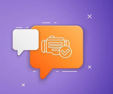 White Check engine icon isolated on purple background. Orange speech bubble.. Stock Illustration