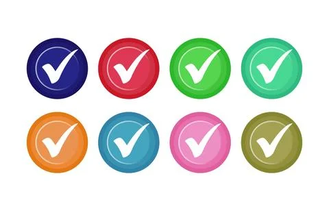 White check mark icon set design style in colorful circle on white background Stock Illustration