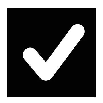 White check mark symbol inside a black square box, simple graphic icon, iso.. Ilustración de archivo