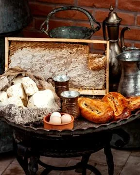 White cheese and bread with eggs Stock Photos