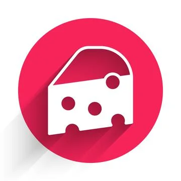 White Cheese icon isolated with long shadow background. Red circle button. .. Stock Illustration