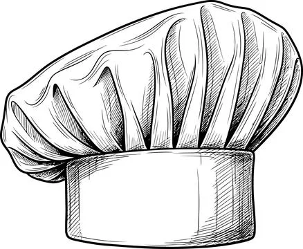 White chef hat in graphic style is drawn with black lines on white background Stock Illustration