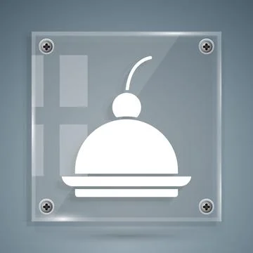 White Cherry cheesecake slice with fruit topping icon isolated on grey Stock Illustration