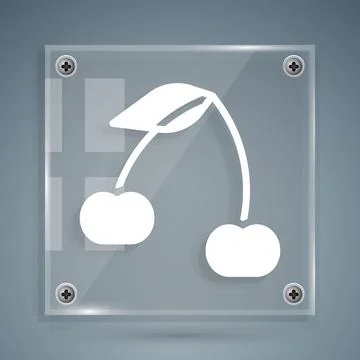 White Cherry icon isolated on grey background. Fruit with leaf symbol. Square Illustrazione stock