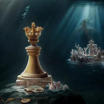 White chess king on a pedestal while other elements drown in water - concept of Stock Illustration