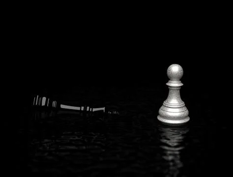 A white chess pawn standing in front of the black chess king lying down, 3d i Stock-Illustration