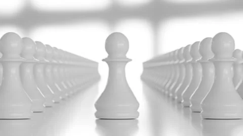 White Chess Pawns in Symmetrical Focus 3d render looping animation Stock Footage 299461239
