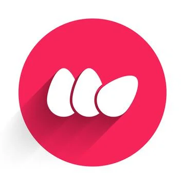 White Chicken egg icon isolated with long shadow background. Red circle button Stock Illustration