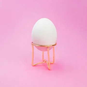 White chicken egg on sponge stand, pink background. Easter creative square Stock Photos