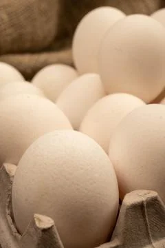 White chicken eggs in a cardboard box on the table. Close-up, selective focus Stock Photos