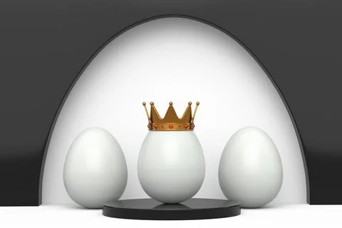 White chicken eggs in row and unique gold egg in royal king crown on podium Ilustração Stock