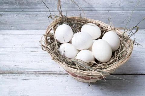 White chicken eggs in straw basket Stock Photos
