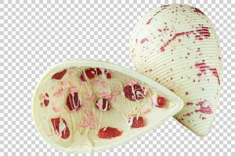 White chocolate Easter egg with candied strawberries top view. Stock Photos