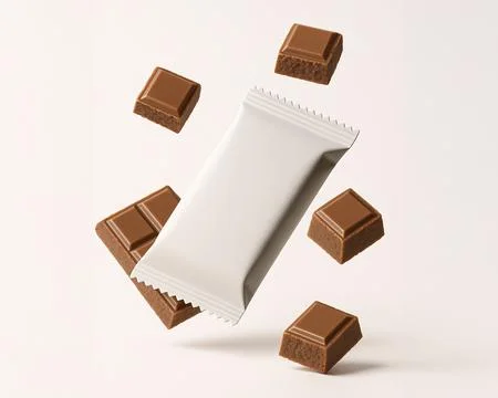 White chocolate packaging, with chocolate bars floating on the white backdrop Stock Illustration