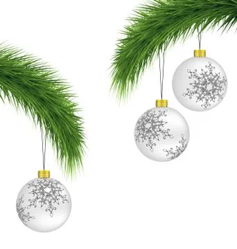 White Christmas balls on pine branches isolated on white Stock Illustration