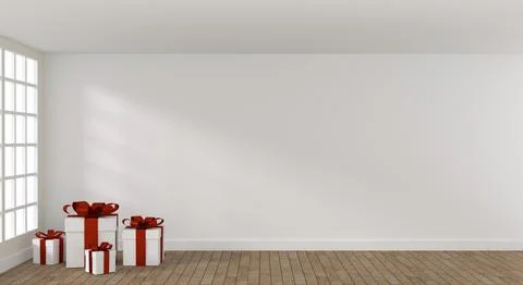 White Christmas gift boxes in a bright room with space for text or image, 3d Ilustração Stock