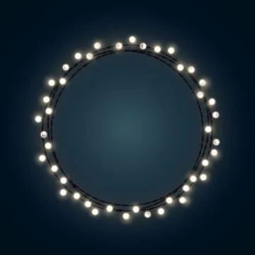 White Christmas incandescent light string wreath on the dark blue background Stock Illustration