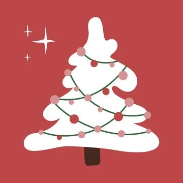White Christmas tree with decorations on red background for poster and more. Illustrazione stock