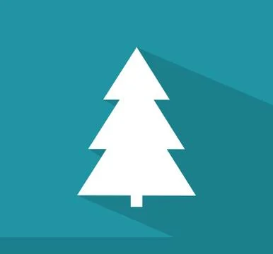 White Christmas tree with long shadow on blue background. Flat design illustr Stock Illustration