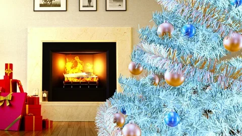 White Christmas tree next to burning fireplace and gift boxes at living room Stock Footage 100200838