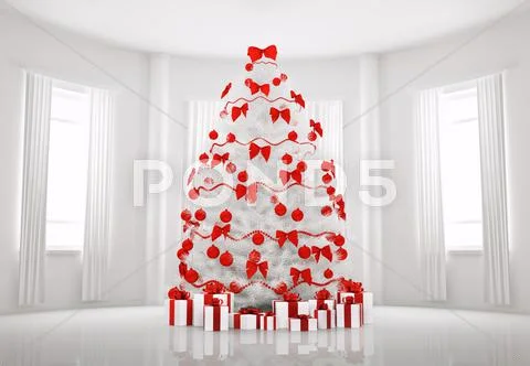 White christmas tree in the room interior 3d Stock Illustration