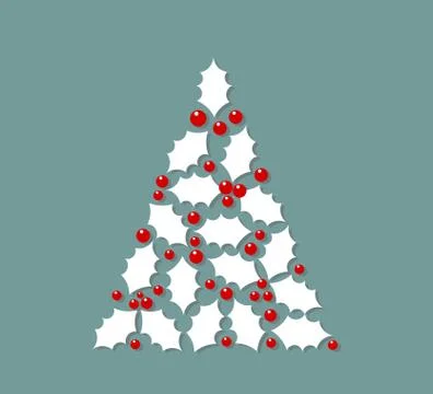 White Christmas tree shape made of holly berry leaves. Vector illustration. Stock Illustration