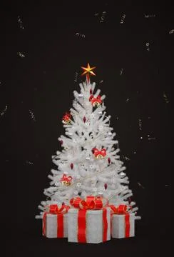 White christmas tree whit gift boxes on black background 3d rendering Stock Illustration