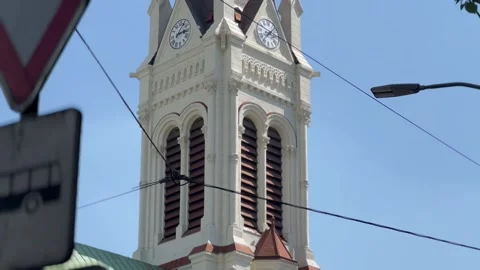 White church tower with clock Stock Footage 244739367