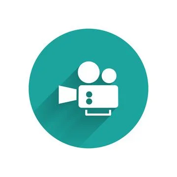 White Cinema camera icon isolated with long shadow. Video camera. Movie sign Stock Illustration