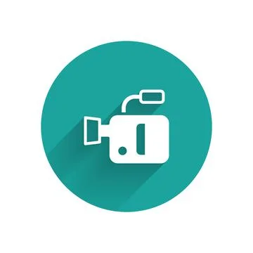 White Cinema camera icon isolated with long shadow background. Video camera Stock Illustration