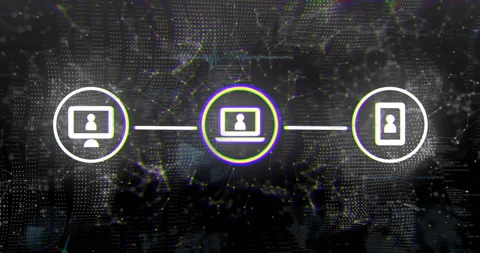 White circle appearing on dark mesh, laptop fading in, smartphone linking lines, Stock-Footage 310433967