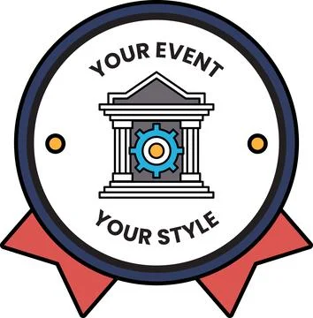 A white circle with a black logo of a building with a gear in the middle Ilustración de archivo