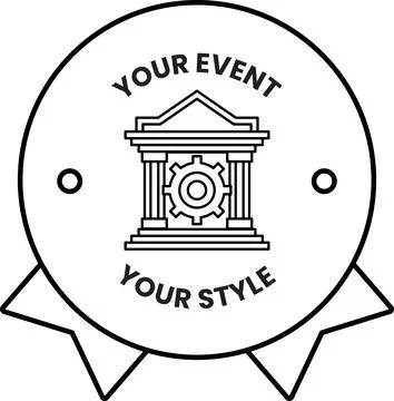 A white circle with a black logo of a building with a gear in the middle Ilustración de archivo