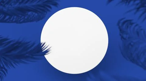 White circle, blue background, palm trees. Abstract illustration, 3d render. Stock Illustration