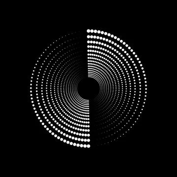 A white circle of dotted semitones on a black background. A design element. Stock Illustration