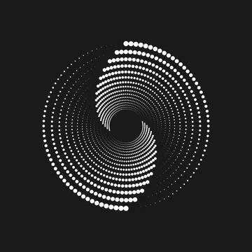 A white circle of dotted semitones on a black background. A design element. Stock Illustration