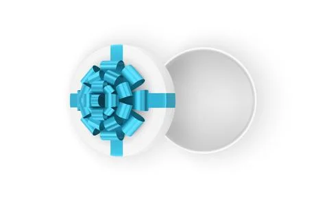 White circle empty open gift box with blue bow ribbon top view 3d icon realis 스톡 일러스트