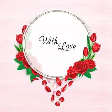 White circle frame with red flower and leaves, floral frame with line vector  Stock Illustration